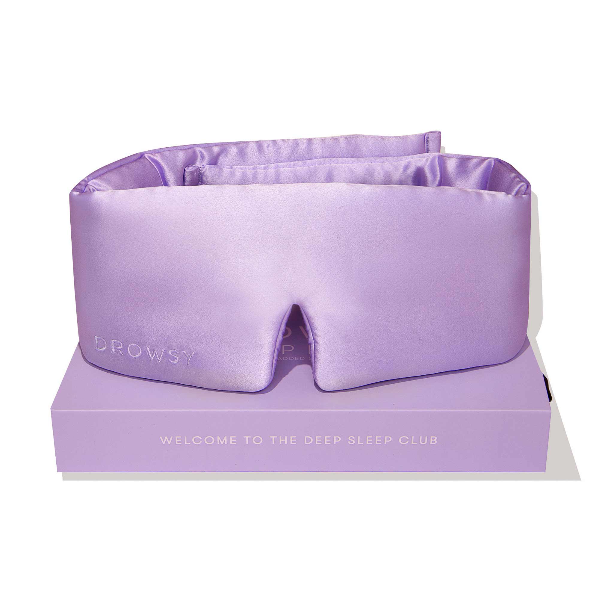 Drowsy Sleep Co. Lavender coloured sleep mask on white background