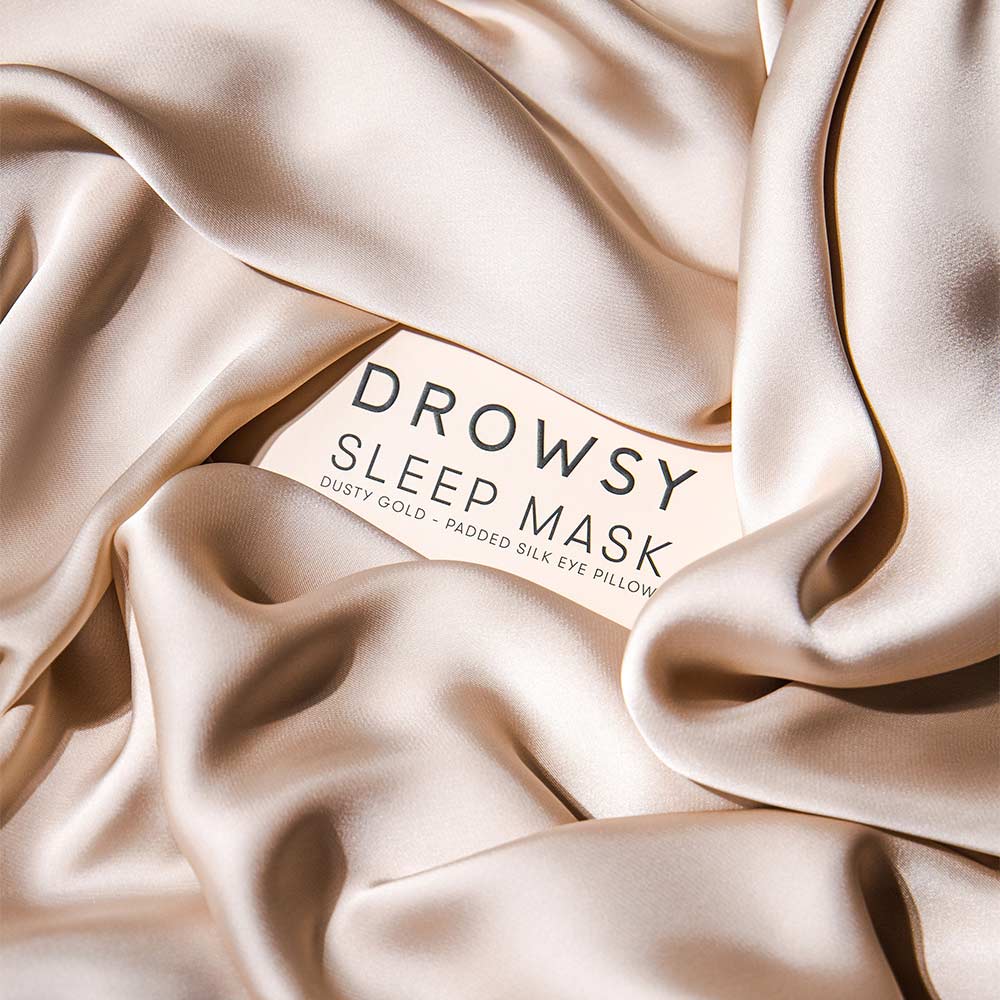 Drowsy silk sleep mask box wrapped in duty gold coloured silk