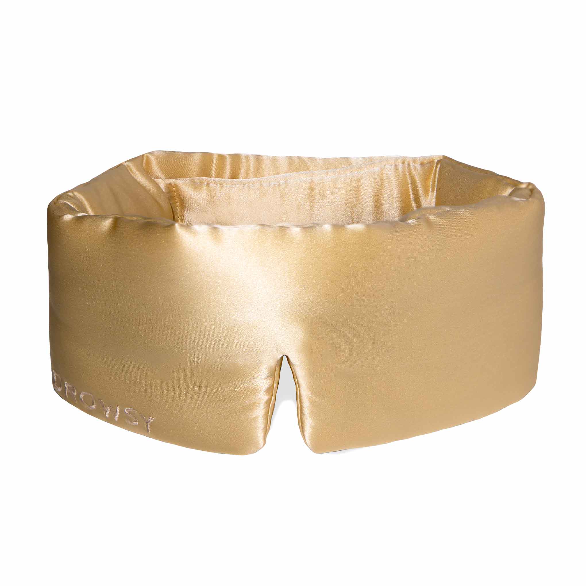 Gold coloured Drowsy silk sleep mask on white background