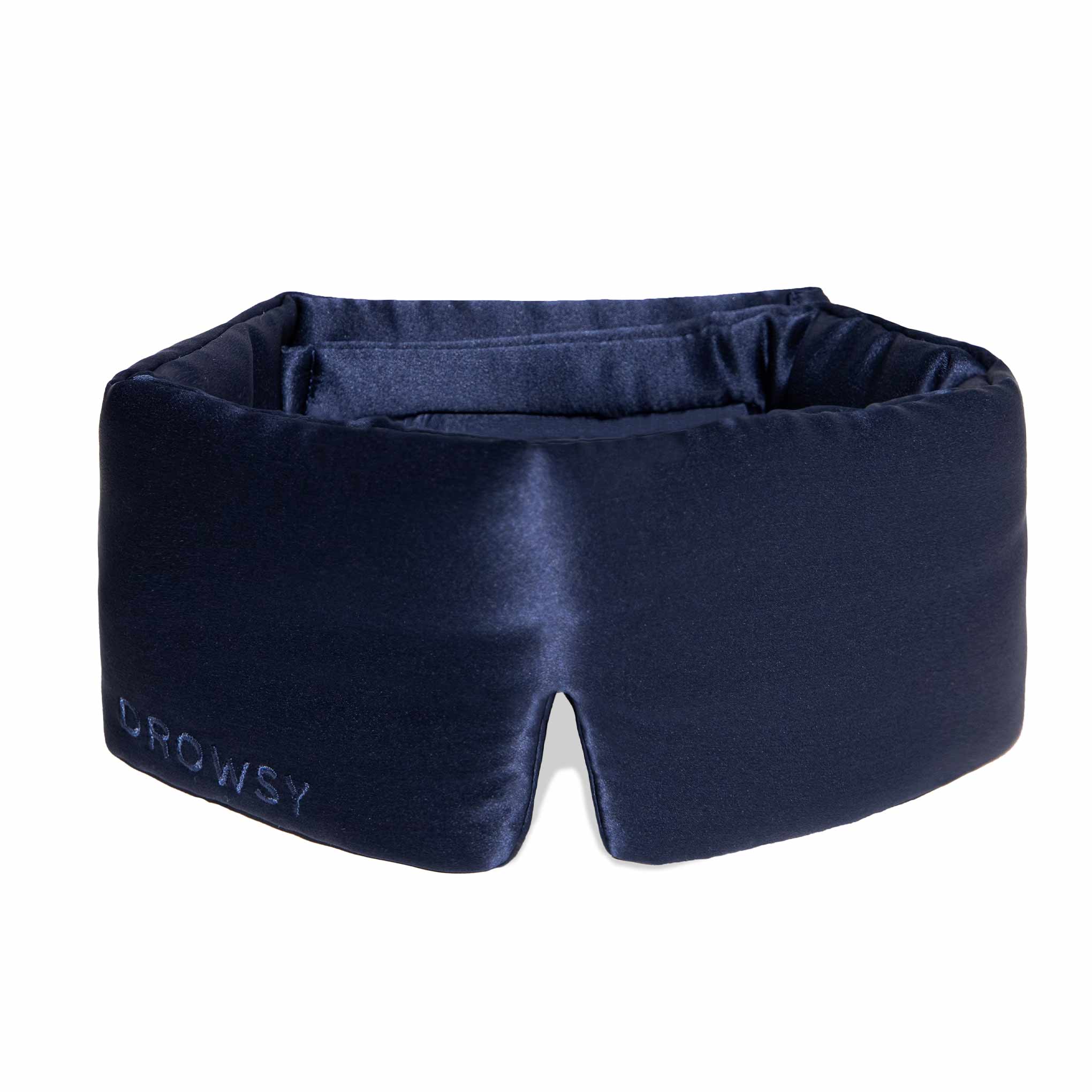 Deep blue coloured Drowsy silk sleep mask on white background