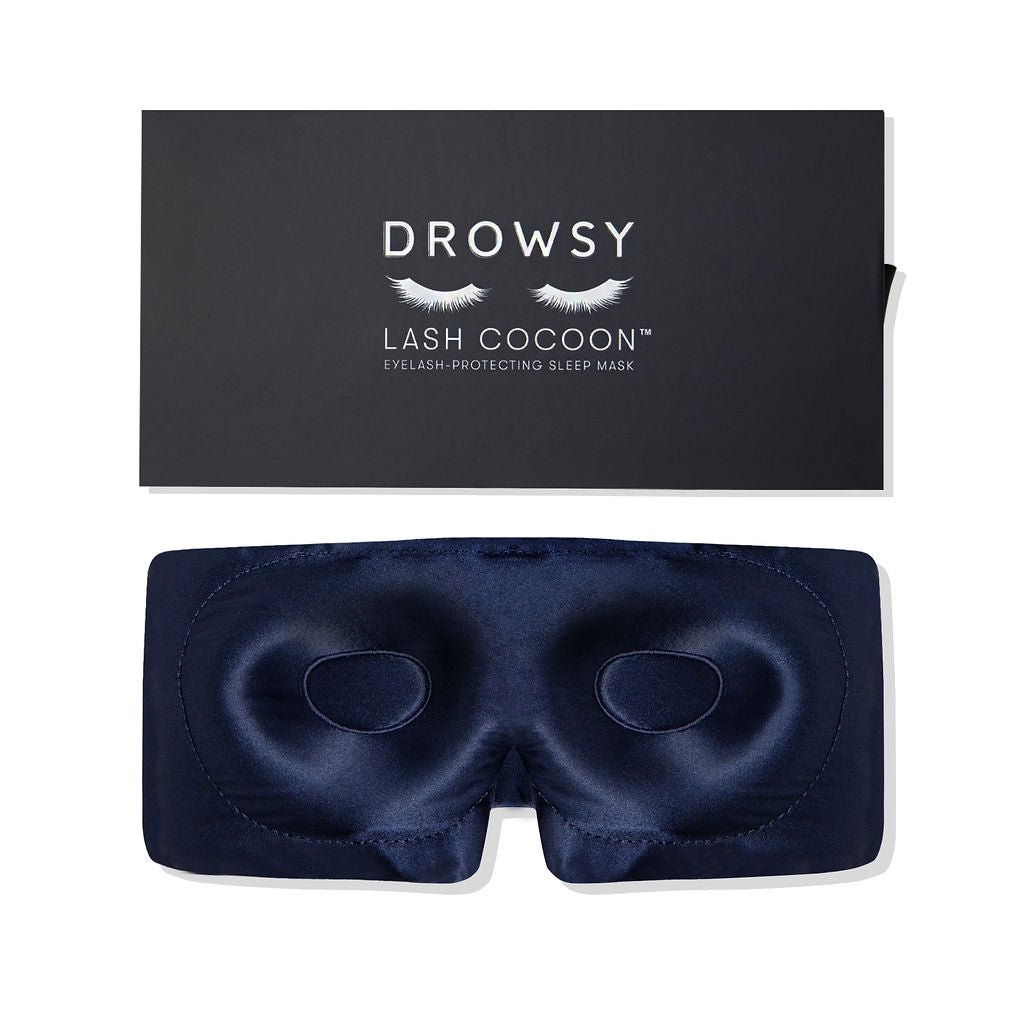 Midnight Blue Silk Contoured Eye cup mask for protecting eyelashes while you sleep